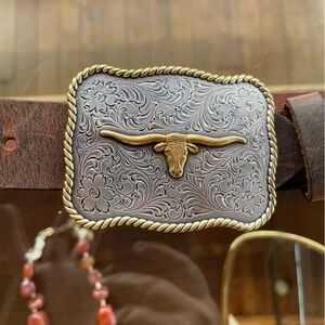 Vintage Brown Leather Belt with Decorative Longhorn Buckle